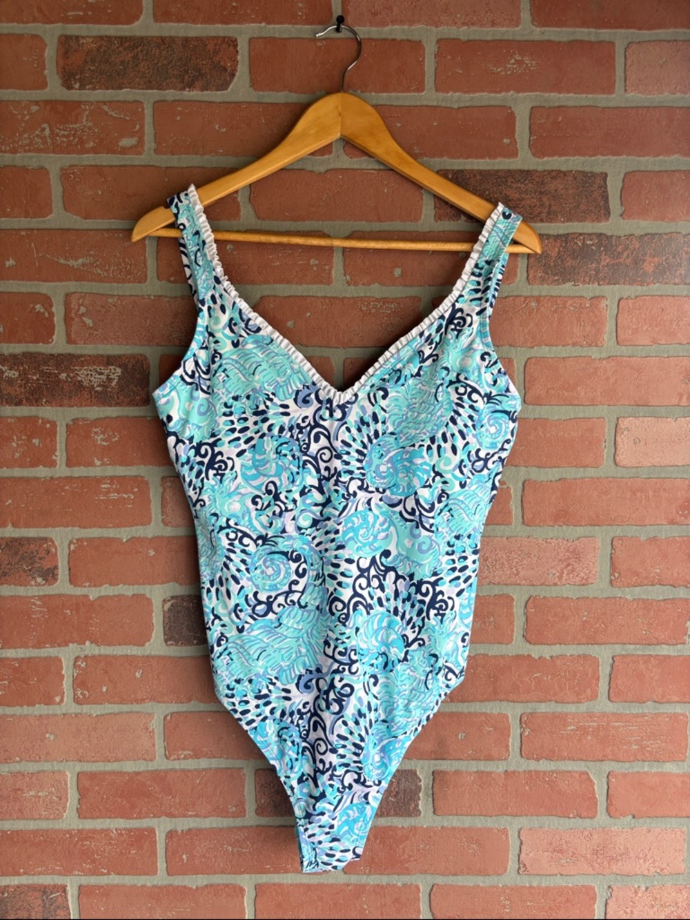 Lilly Pulitzer Araza Light Blue & Navy Floral V-Neck One-Piece Swimsuit - Picture 2 of 6
